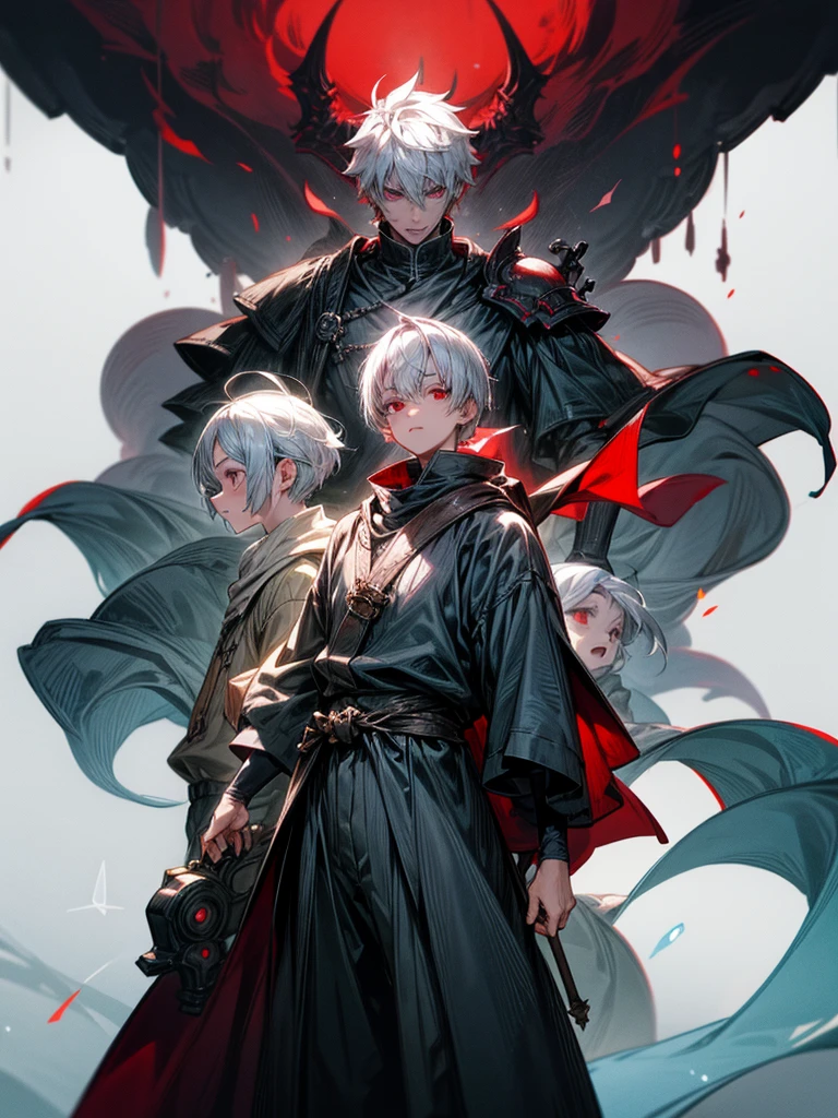 A front of a young man with short white hair, red eyes, masculine face. He is standing, looking to the side. On a center of a rpg scenario. Dungeons and Dragons art direction, studio ghibli Style