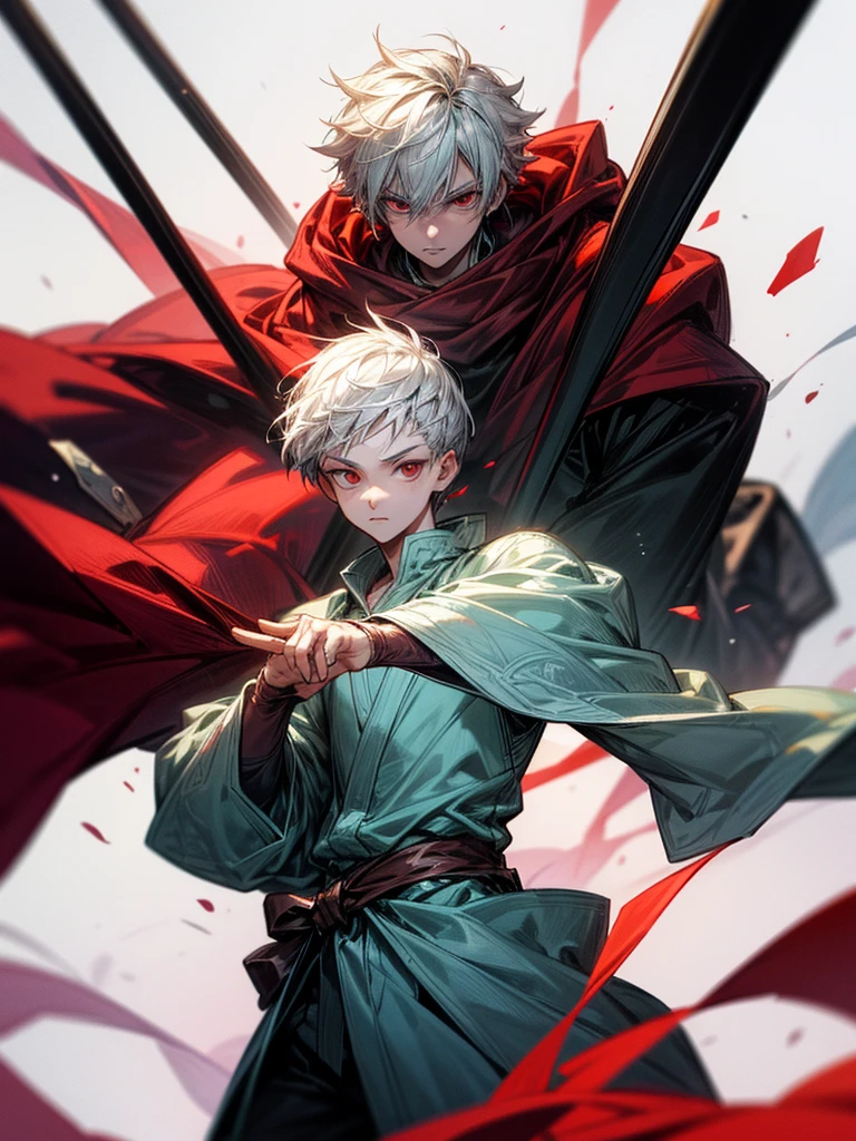 A front of a young man with short white hair, red eyes, masculine face. He is standing, looking to the side. On a center of a rpg scenario. Dungeons and Dragons art direction, studio ghibli Style