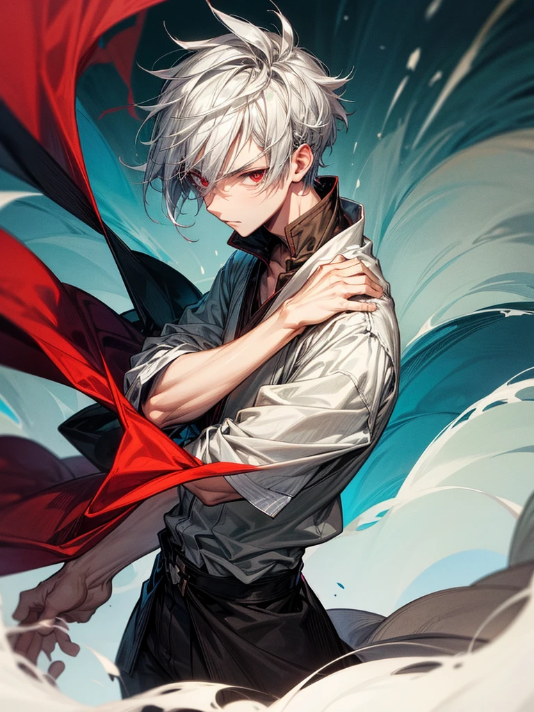A front of a young man with short white hair, red eyes, masculine face. He is standing, looking to the side. On a center of a rpg scenario. Dungeons and Dragons art direction, studio ghibli Style
