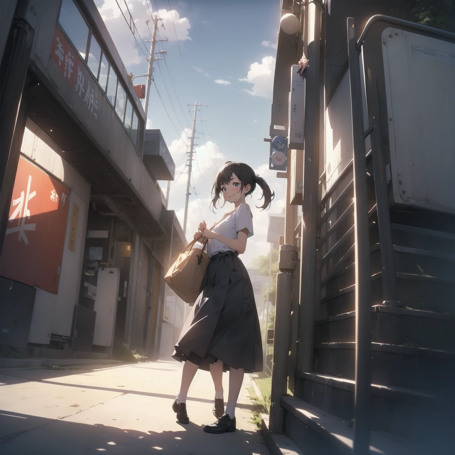 (View from below、Shows the sky above and below)、High resolution、Highest quality、Very detailed、makoto shinkai、sunset、Girl looking sideways in a navy blue skirt、２０Woman in her 20s、Electric pole、electric wire、Railroad crossing、Lens blur、smile、happiness、Railroad crossing