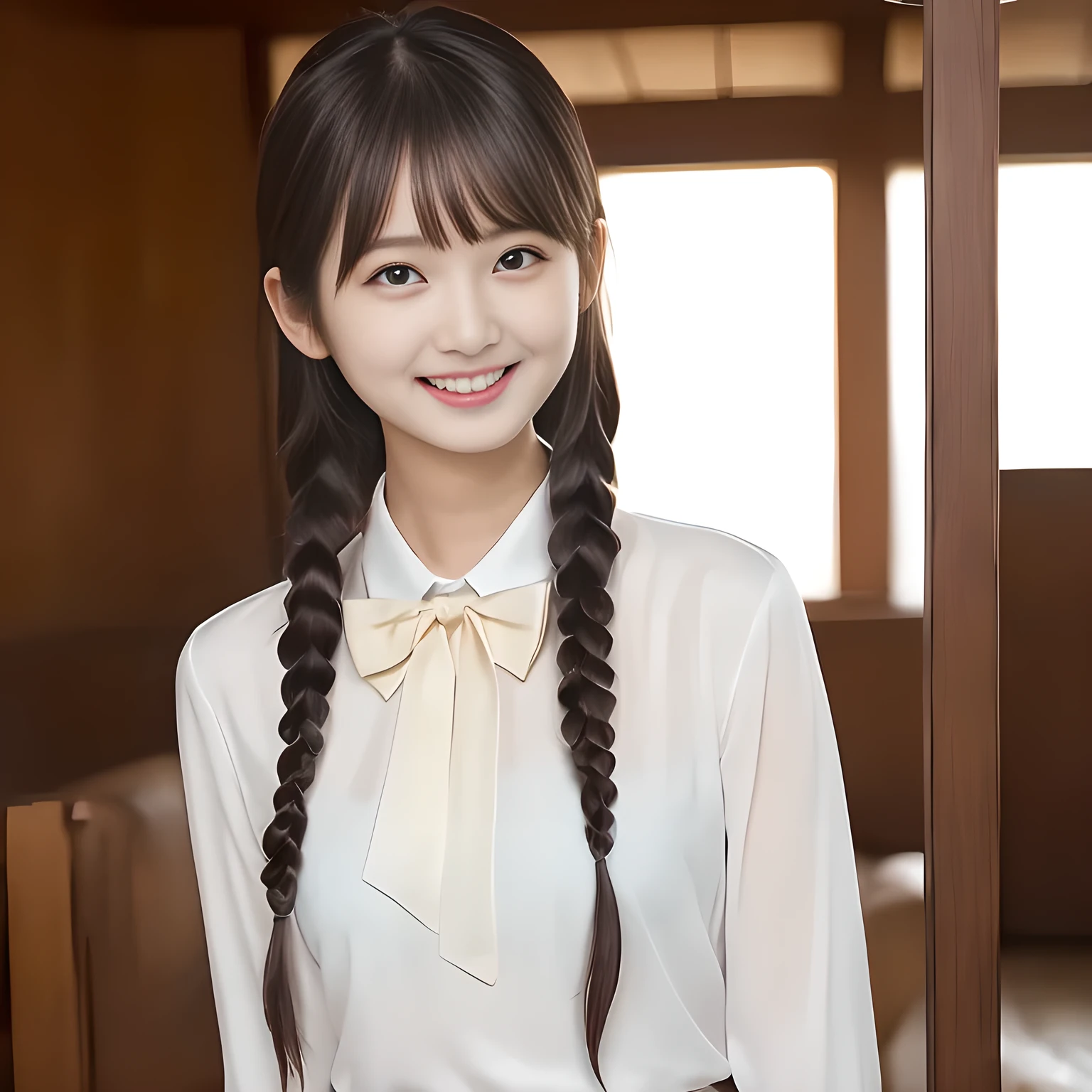 (highest quality, masterpiece:1.2), highest quality, High resolution, 1080P, 8K, Height: 158cm, ((A very intelligent, very noble, pretty and neat Japanese beautiful girl fashion model. Looking at the audience. Realistic fashion model)), ((((White face with plump cheeks)))), Glossy lips, (Evenly cut bangs), ((Very beautiful dark eyes)), The very large, shiny, wide red ribbon bow-tie on her chest is very cute., ((Black Hair)), ((long twin braids)), (((Cream colored blouse))), A neat uniform, Very lustrous, glossy lips, Open hand over open mouth, slender, Beautiful hair like a hair model, Cream colored long skirt, Watching the viewer and laughing, ((Incredibly well organized, The expression is rich. plump and beautiful skin and face)), ((Pure and clear eyes)), Long eyelashes, ((laughing at me!))