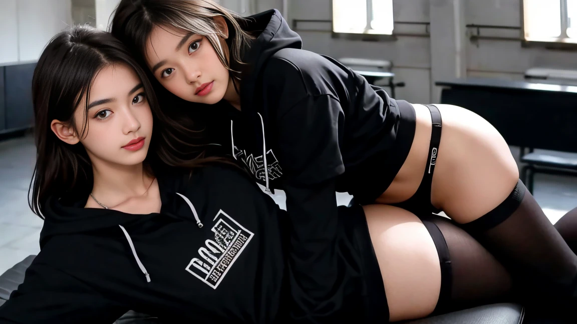 deux femmes ensemble de 18 ans sexy et mince , black short sleeve hoodie , salle de classe, se touche,position sey,sensuel