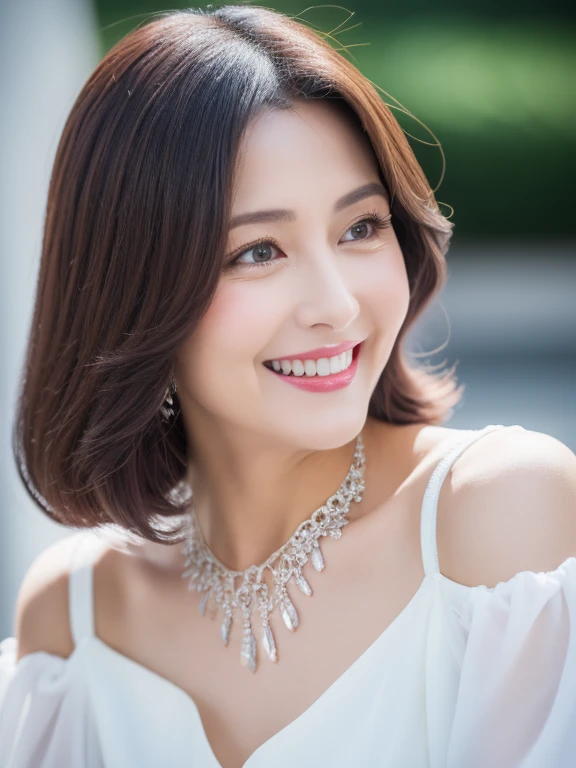 (Solo:1.3),8K, Best quality, Masterpiece, Realistic, Super detail, f/1.2, 85mm, Nikon, Smiling woman with shiny hair, Natural makeup, 50 years old woman, white off-shoulder tops，Ruffled sleeves, Diamond pendant necklace, Emphasize chest, waist shot,