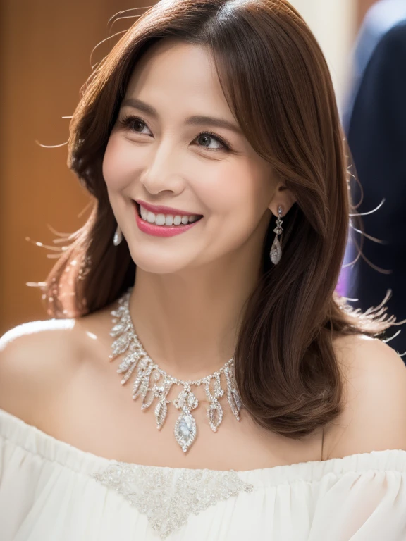 (Solo:1.3),8K, Best quality, Masterpiece, Realistic, Super detail, f/1.2, 85mm, Nikon, Smiling woman with shiny hair, Natural makeup, 50 years old woman, white off-shoulder tops，Ruffled sleeves, Diamond pendant necklace, Emphasize chest, waist shot,