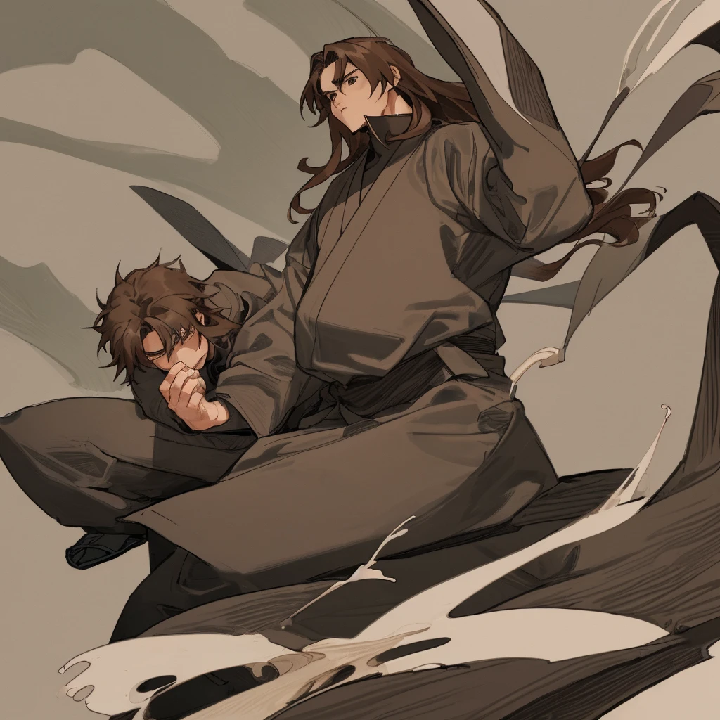 young guy, long brown hair. Dressed in big and gray ninja clothes.