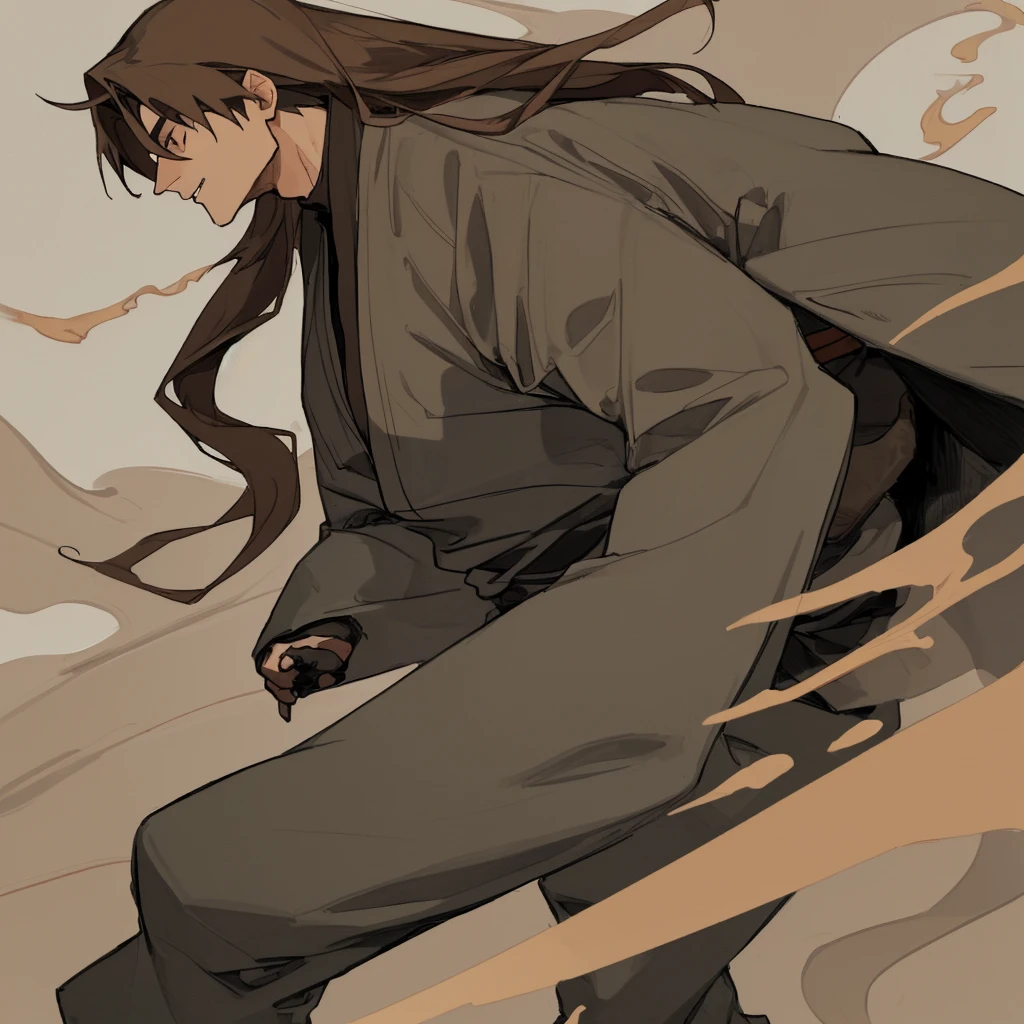young guy, long brown hair. Dressed in big and gray ninja clothes. 