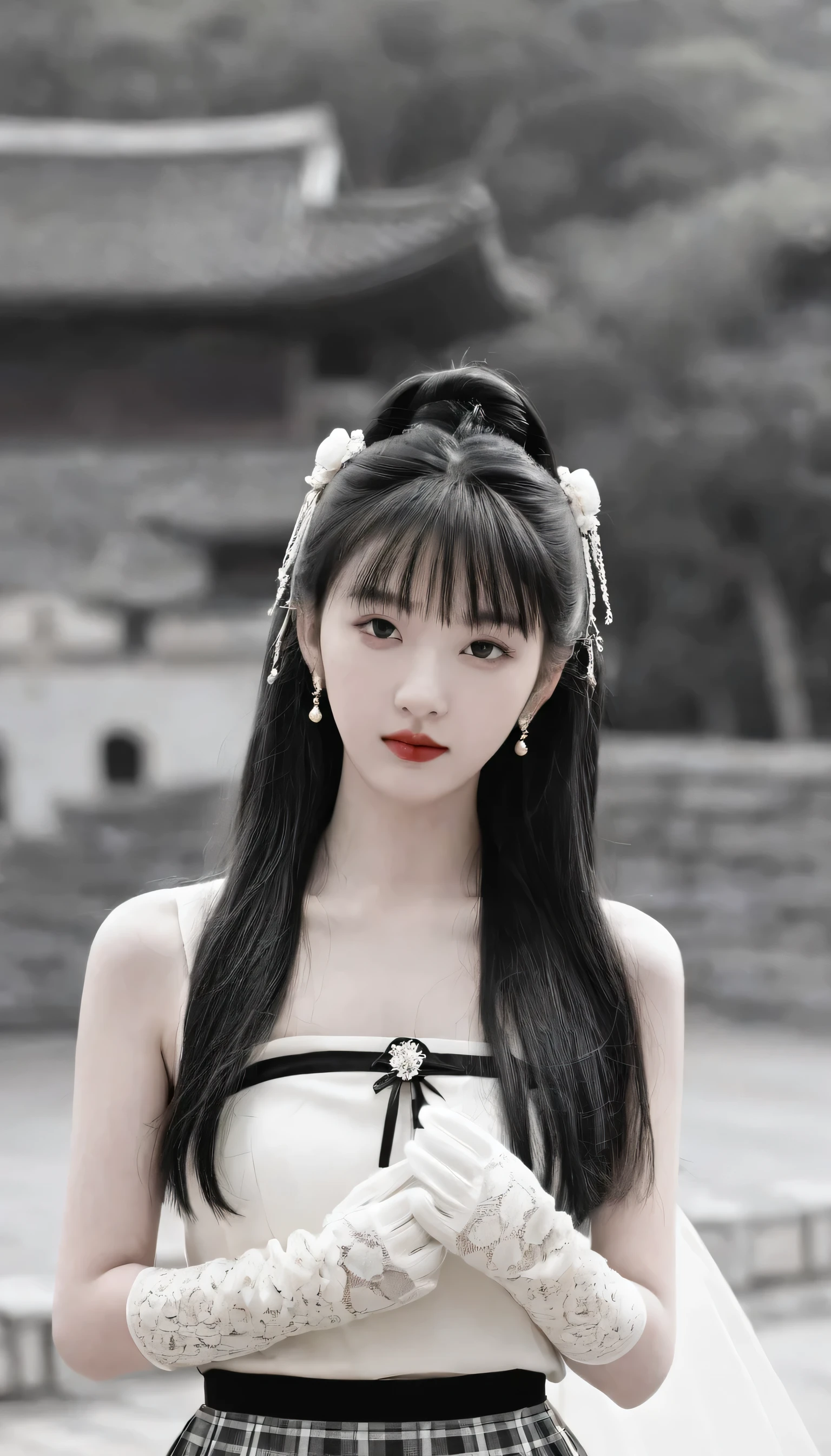 Lin Mingmei, 1 Girl, Solitary, monochrome, Weaving, Looking at the audience, skirt, Long hair, traditional media, sign, Bangs, cosmetic, own hands, Black Hair, Upper Body, Lipstick, Drilling hair, Artist Name, twin Weavings, Bridal Gloves, sleeveless