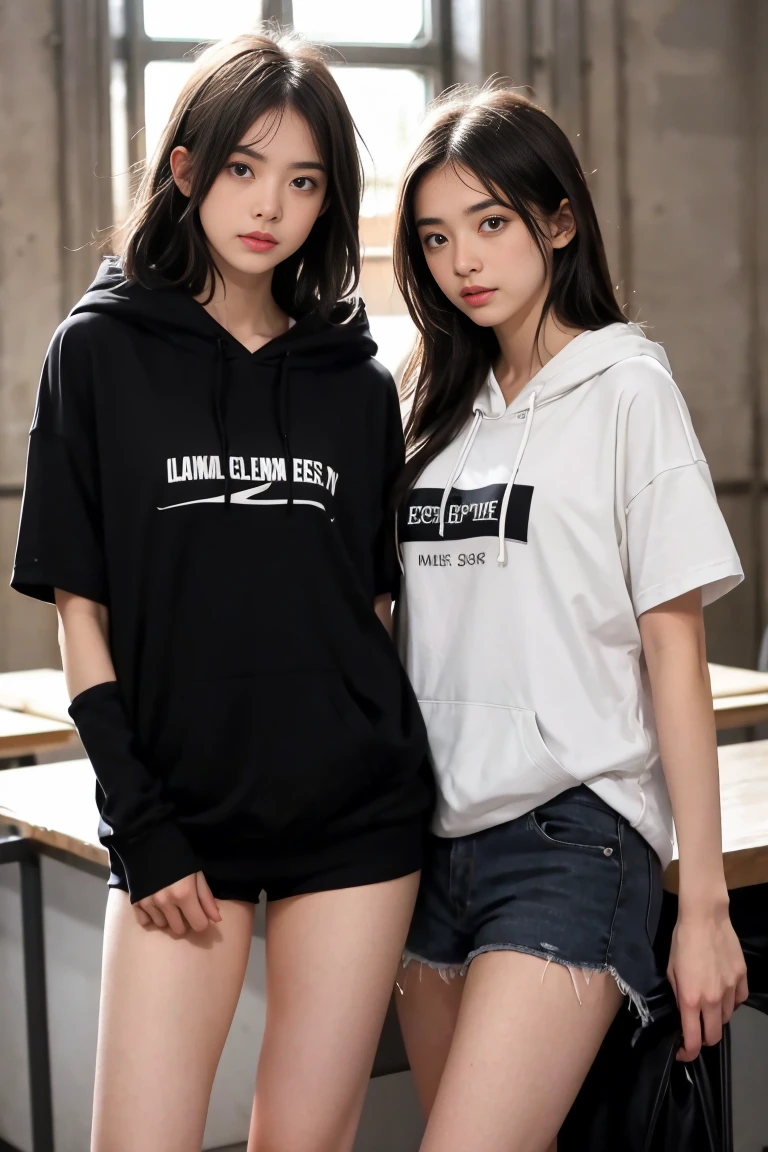 deux femmes ensemble de 18 ans sexy et mince , black short sleeve hoodie , salle de classe, se touche,position sey,sensuel