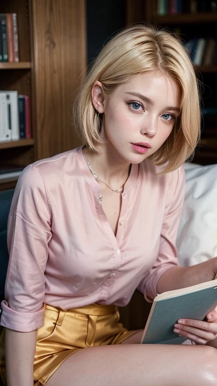 Create for me a blonde woman with short blonde hair, light brown eyes, 25 years old, serious and attractive, who works as an executive, has full and attractive lips with soft light pink lipstick, sitting reading a book in a red blouse and blue shorts Of course