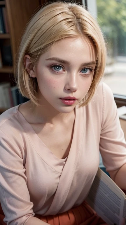 Create for me a blonde woman with short blonde hair, light brown eyes, 25 years old, serious and attractive, who works as an executive, has full and attractive lips with soft light pink lipstick, sitting reading a book in a red blouse and blue shorts Of course