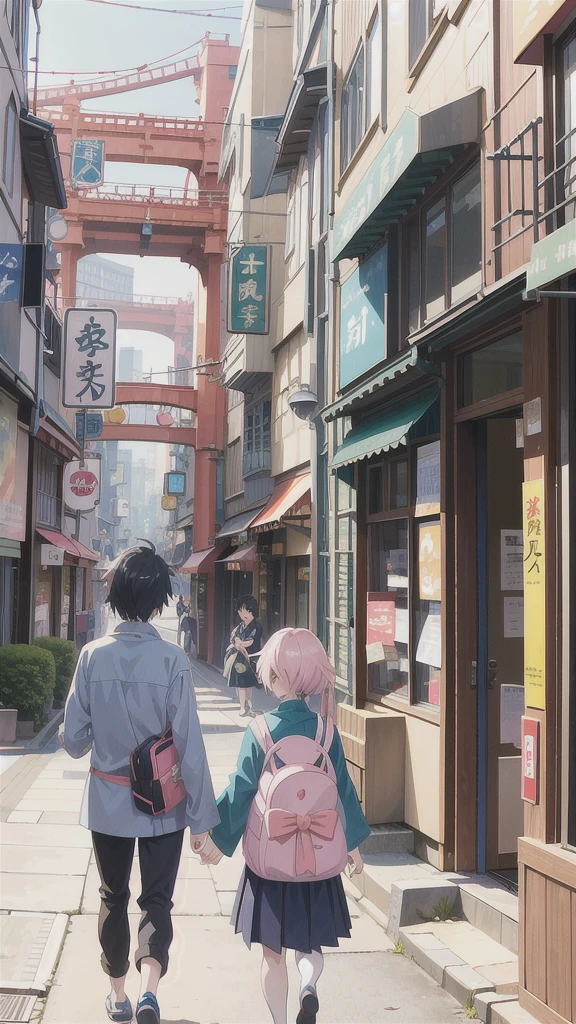 Anime characters walk along the city streets., Anime style cityscape, Tokyo - a city that resembles a city, In the style of Kyoto animation, Makoto Shinkai style, japanese road, Japanese style cartoon, Japanese neighborhood, Anime style illustrations, Realistic 3D anime style, By Yanagawa Nobusada, anime background art, By Kose Kanaoka