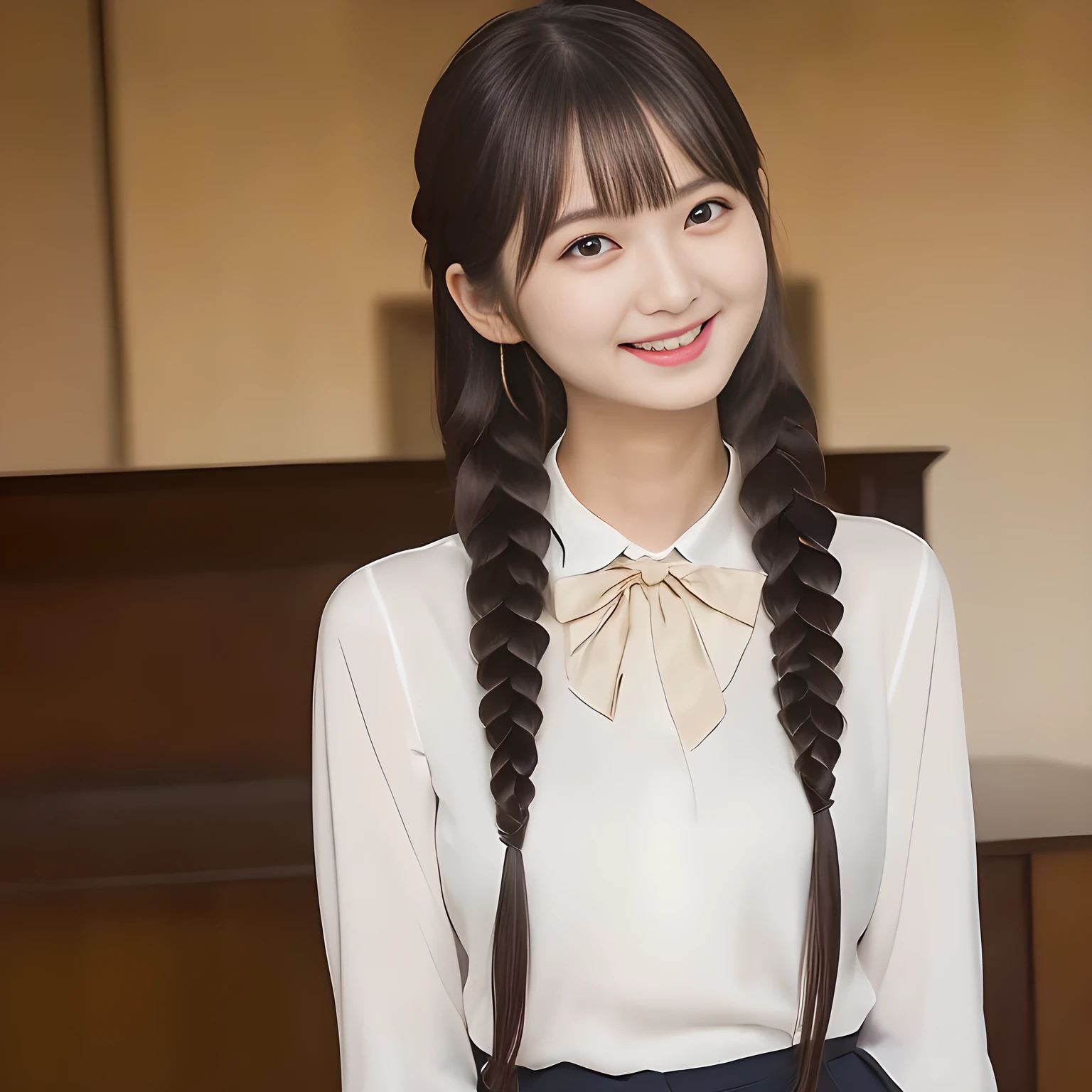 (highest quality, masterpiece:1.2), highest quality, High resolution, 1080P, 8K, Height: 158cm, ((A very intelligent, very noble, pretty and neat Japanese beautiful girl fashion model. Looking at the audience. Realistic fashion model)), ((((White face with plump cheeks)))), Glossy lips, (Evenly cut bangs), ((Very beautiful dark eyes)), The very large, shiny, wide red ribbon bow-tie on her chest is very cute., ((Black Hair)), ((long twin braids)), (((Cream colored blouse))), A neat uniform, Very lustrous, glossy lips, Open hand over open mouth, slender, Beautiful hair like a hair model, Cream colored long skirt, Watching the viewer and laughing, ((Incredibly well organized, The expression is rich. plump and beautiful skin and face)), ((Pure and clear eyes)), Long eyelashes, ((laughing at me!))