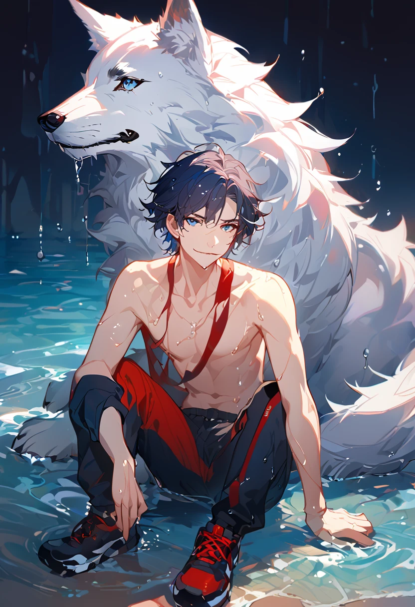 solo, ((male with short dark blue hair with red strip hair and dark blue hair with red gradient), (bare chest), (topless), (muscle), ( jogger pants), (wet), (dripping wet body and hair), (water dripping), (sitting), (one hand rest on the knee), (big white wolf resting on the back)), (bangs), (blue eyes with red gradient), (pale skin), (smirk), ((high quality)), (extremely detailed),8k, 4k, clean line art, detailed line art, resting on the big wolf, white big wolf, simple background, water background, dark background, not bulky, no top clothes, inspired by Asukaziye artist : ask, art style : ask