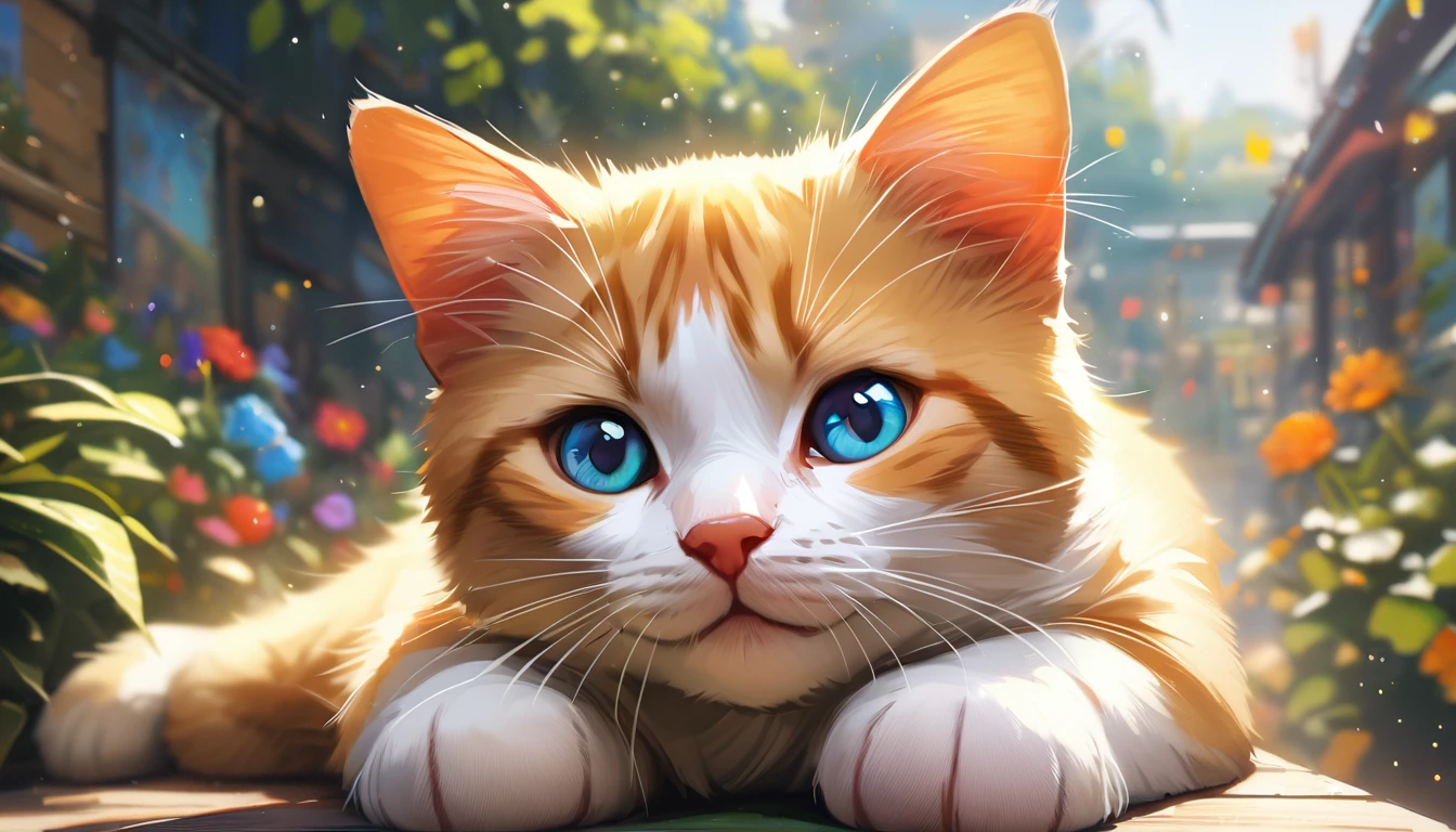 garden, Cute kitten,Blur the background,Glitter effect,Highest quality, 8K, High resolution, masterpiece:1.2, Very detailed, Realistic:1.37, High resolution, 超High resolution, Ultra-fine painting, Very detailed, Professional, Vibrant colors