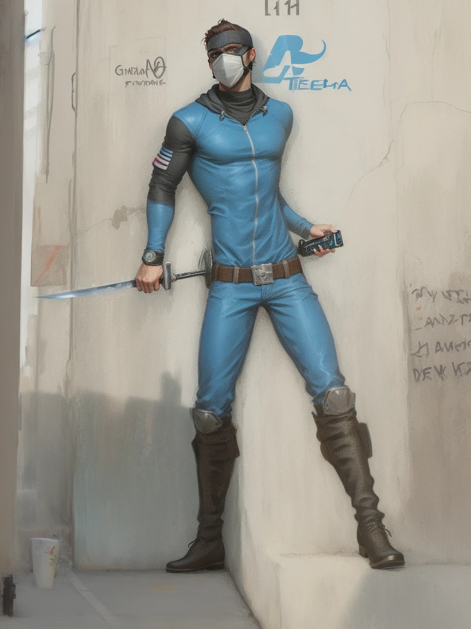 there is a man with a sword in one hand holding a cell phone in the other, gta personagem, Cyberpunk Rua Goon, como um personagem de gtav, gta v street style, Avatar da parte superior do corpo, parte superior detalhada do corpo, parte superior do corpo altamente detalhada, GTA 6 estilo, mechanic punk outfit, corpo inteiro altamente detalhado, GTA V Estilo, Estilo GTA5, Technoviking masculino sem camisa, Estilo lvngvncnt, blue tmnt mask
