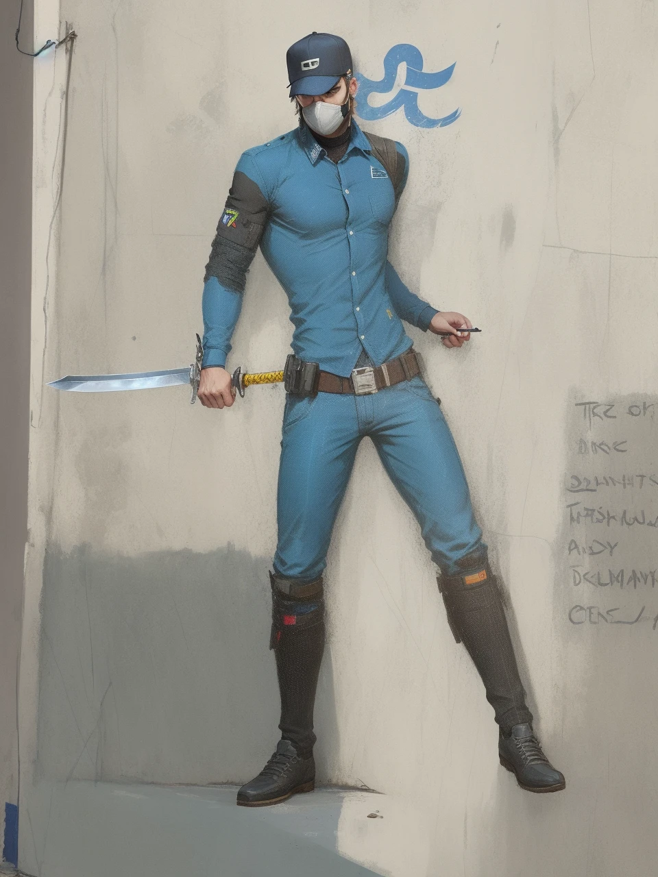 there is a man with a sword in one hand holding a cell phone in the other, gta personagem, Cyberpunk Rua Goon, como um personagem de gtav, gta v street style, Avatar da parte superior do corpo, parte superior detalhada do corpo, parte superior do corpo altamente detalhada, GTA 6 estilo, mechanic punk outfit, corpo inteiro altamente detalhado, GTA V Estilo, Estilo GTA5, Technoviking masculino sem camisa, Estilo lvngvncnt, blue tmnt mask