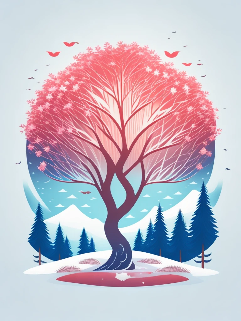 a spruice Apple tree in a winter landscape, tshirt design, rzminjourney, vector-art