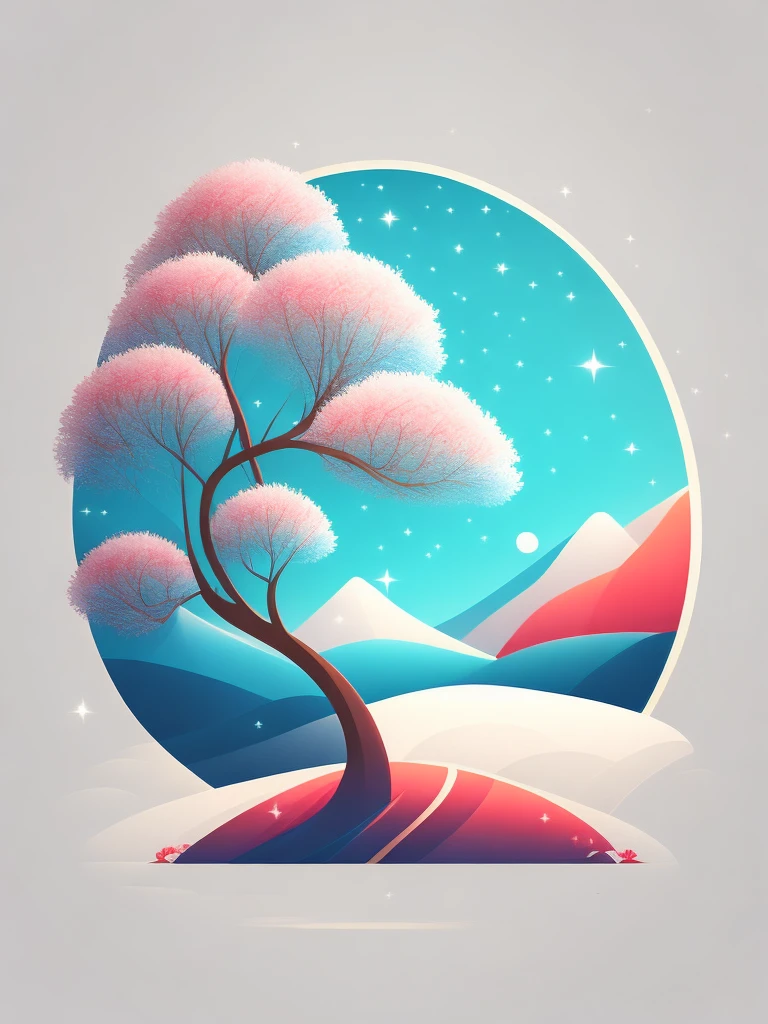 a spruice Apple tree in a winter landscape, tshirt design, rzminjourney, vector-art