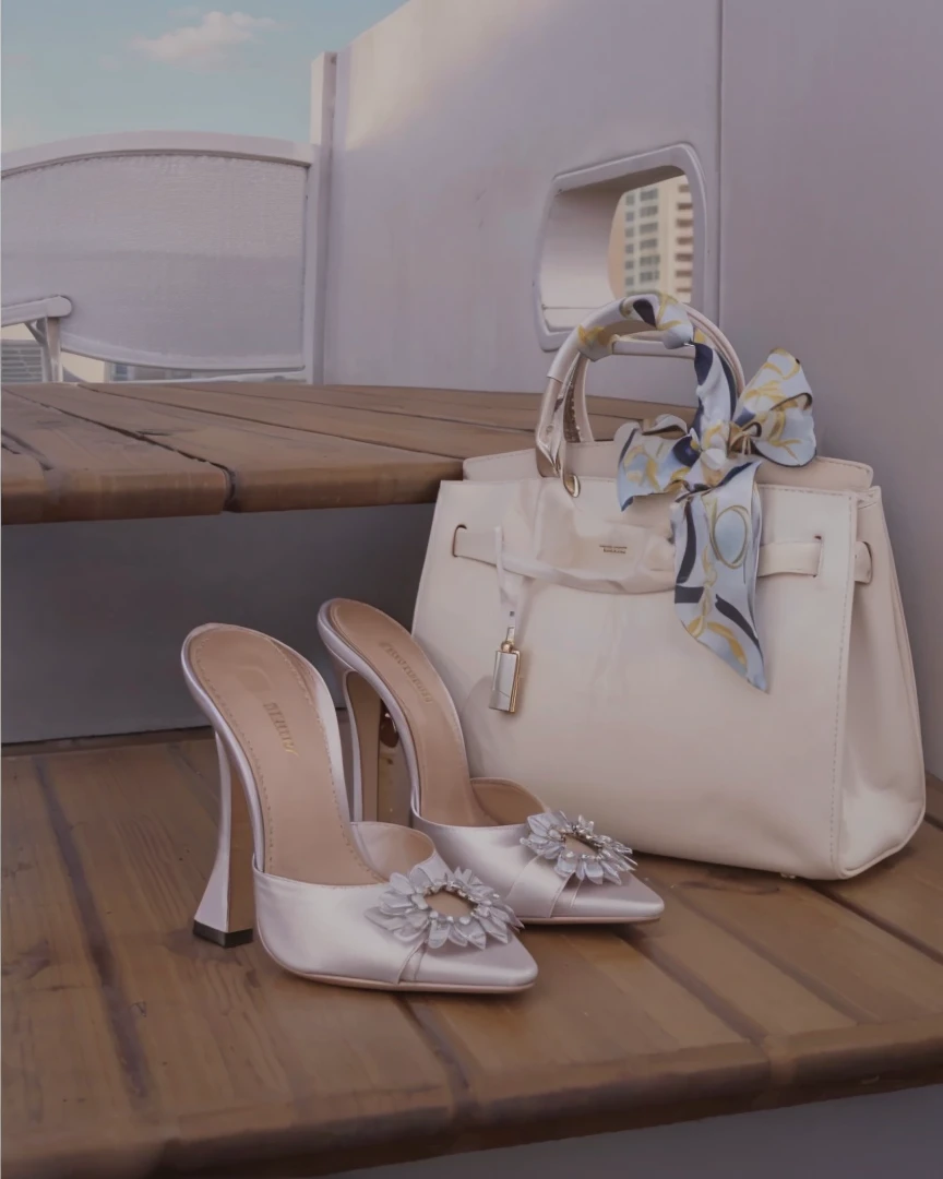 Leather bag , satin heels , satin scarf