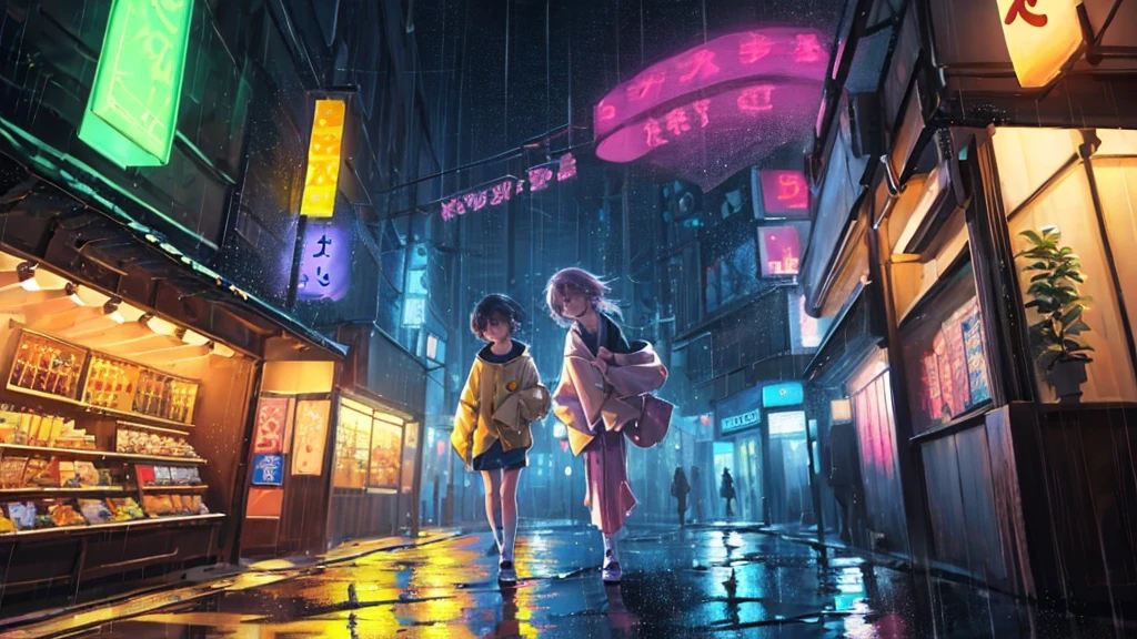 masterpiece, Highest quality, Beautiful Asian Girl, K-Pop aesthetics and style, 80s American hippie style, , Cute and dreamy,anime,Illustrator,LOFI Girl,TOKYO,rainy night