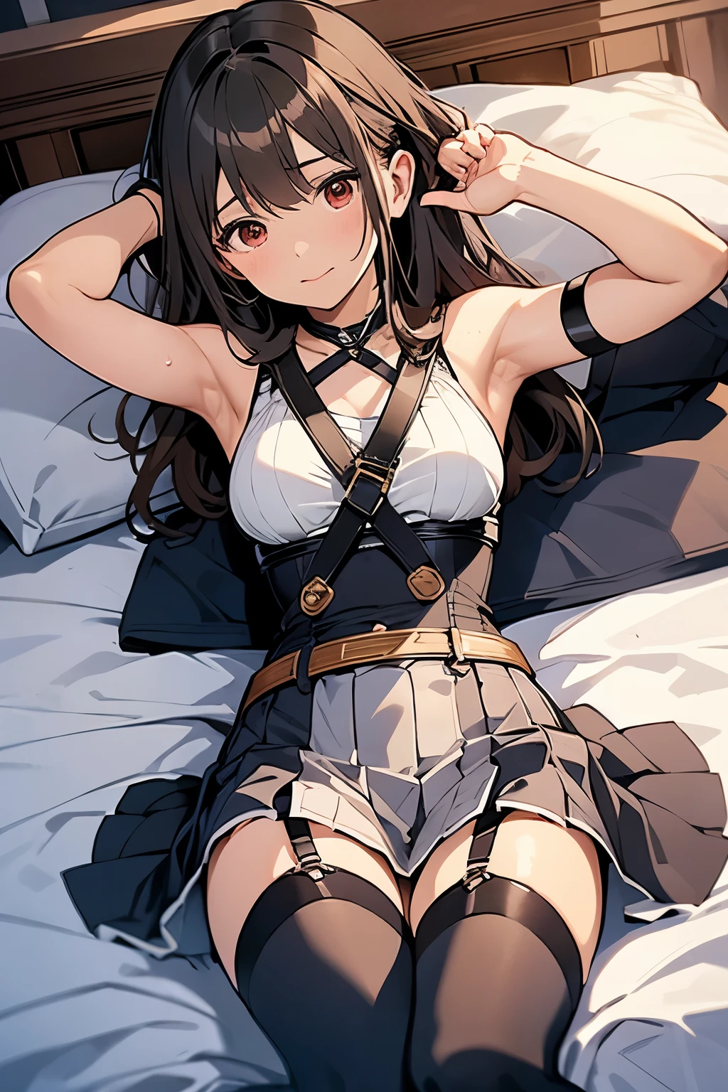 Gazing at the audience Black suspenders bulging big breasts wall mini skirt garterbelt garter vision Small face holster Beautiful woman Show me your hands Lying in bed vision Taunt ~ side ~ side汗 arm belt summer Armpit sweat waiting to start