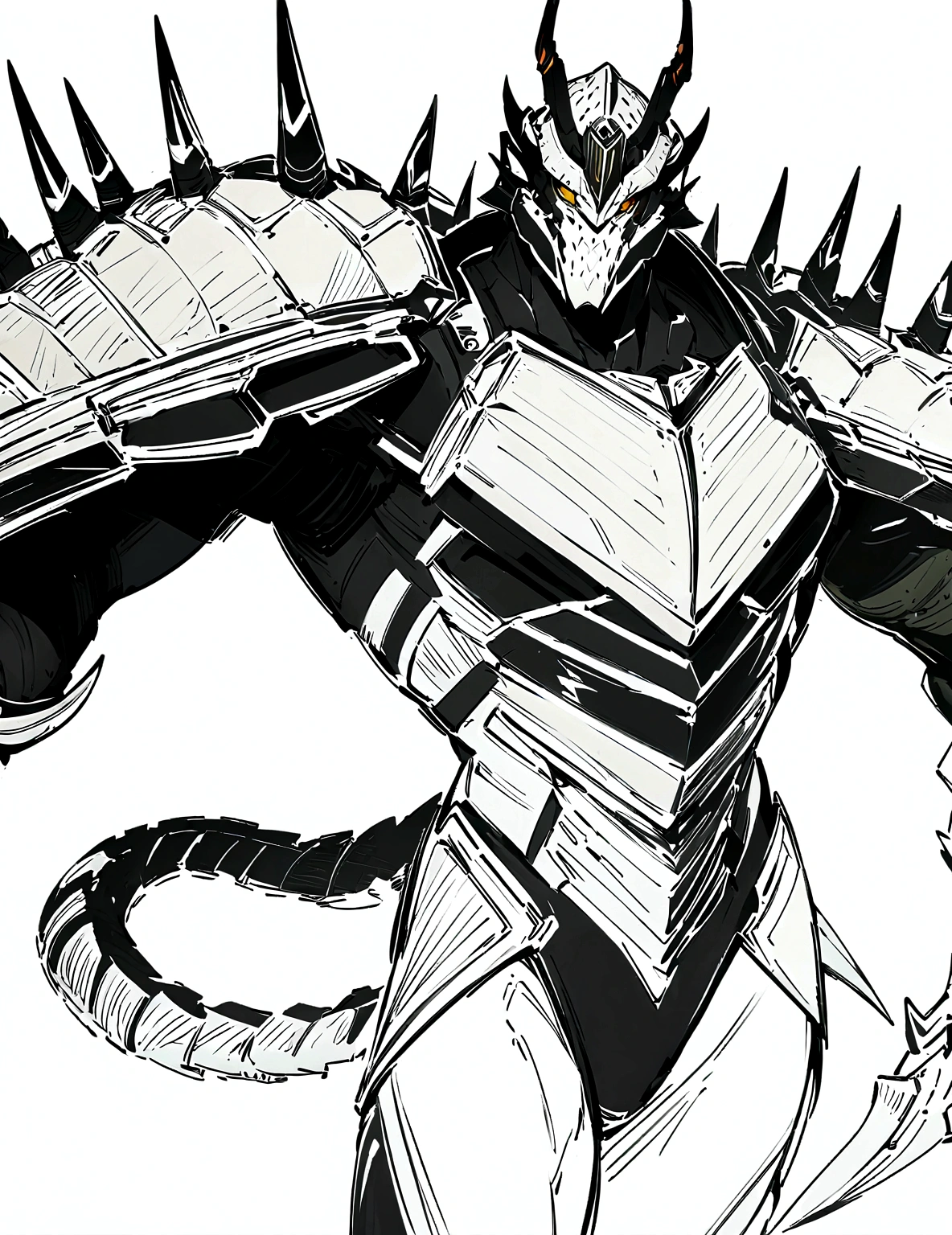 a drawing of a man with a large horned head and a sword, dragon cyborg, cyborg dragon portrait, sharp robot dragon claws, with scaly-looking armor, male robotic anthro dragon, well armored mech dragon, with robot dragon head, robot mecha female dragon head, robot dragon claws, greek god in mecha style, mecha inspired, dragon inspired armor, clean lines, clean lineart, refined details