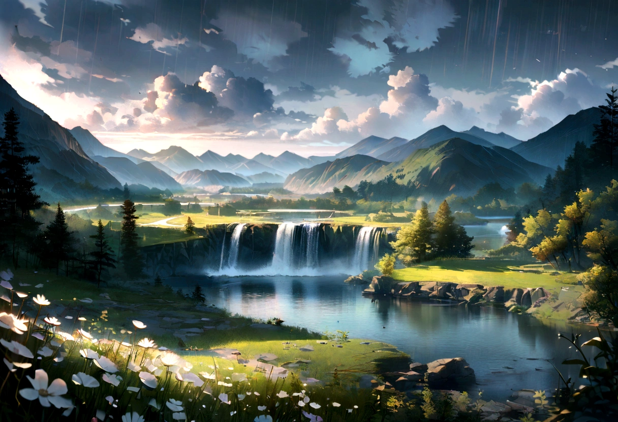 masterpiece, 最high quality, high quality, very detailedな CG ユニティ 8k 壁紙, sight, outdoor, Do not have, cloud, Do not have, There are no humans, mountain, sight, water, wood, blue Do not have, waterfall, cliff, nature, lake, river , cloudy skies, award-winning photography, bokeh, depth of written boundaries, high resolution, flower, chromatic aberration, photorealism, very detailed, Trends in Art Station, trend in CGsociety, complicated, high detail, dramatic, art on the road, Raining, 우mountain을든 20살 소년의 뒷모습