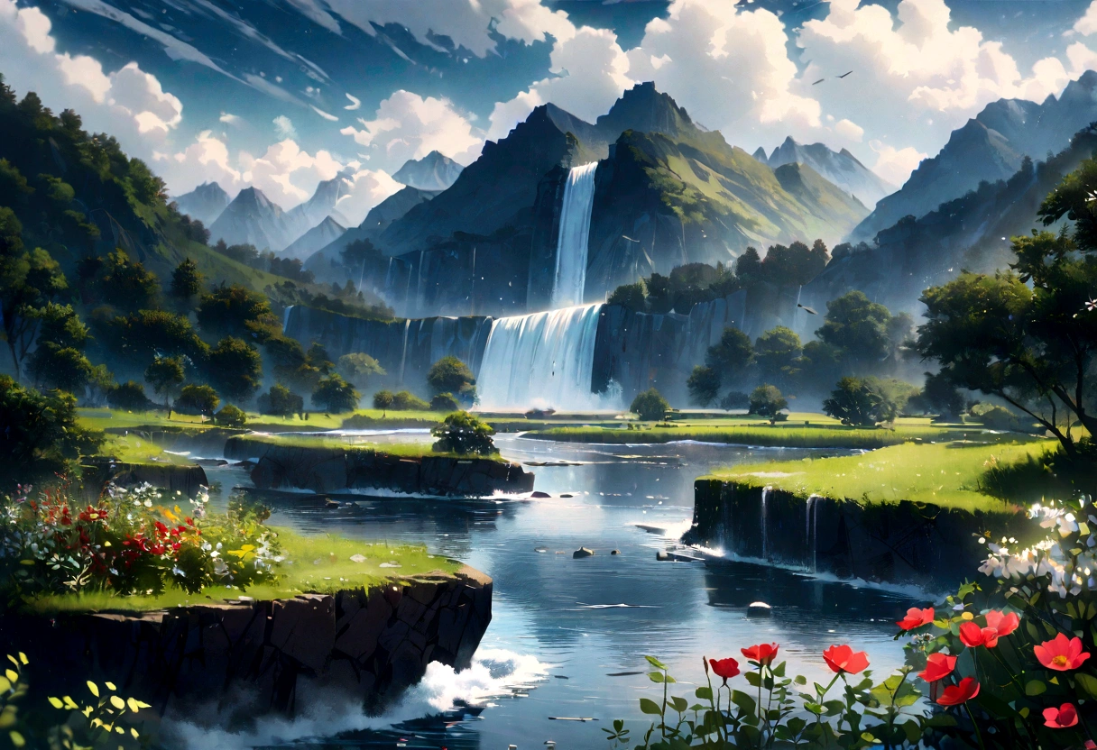 masterpiece, 最high quality, high quality, very detailedな CG ユニティ 8k 壁紙, sight, outdoor, Do not have, cloud, Do not have, There are no humans, mountain, sight, water, wood, blue Do not have, waterfall, cliff, nature, lake, river , cloudy skies, award-winning photography, bokeh, depth of written boundaries, high resolution, flower, chromatic aberration, photorealism, very detailed, Trends in Art Station, trend in CGsociety, complicated, high detail, dramatic, art on the road, Raining, 우mountain을든 20살 소년의 뒷모습