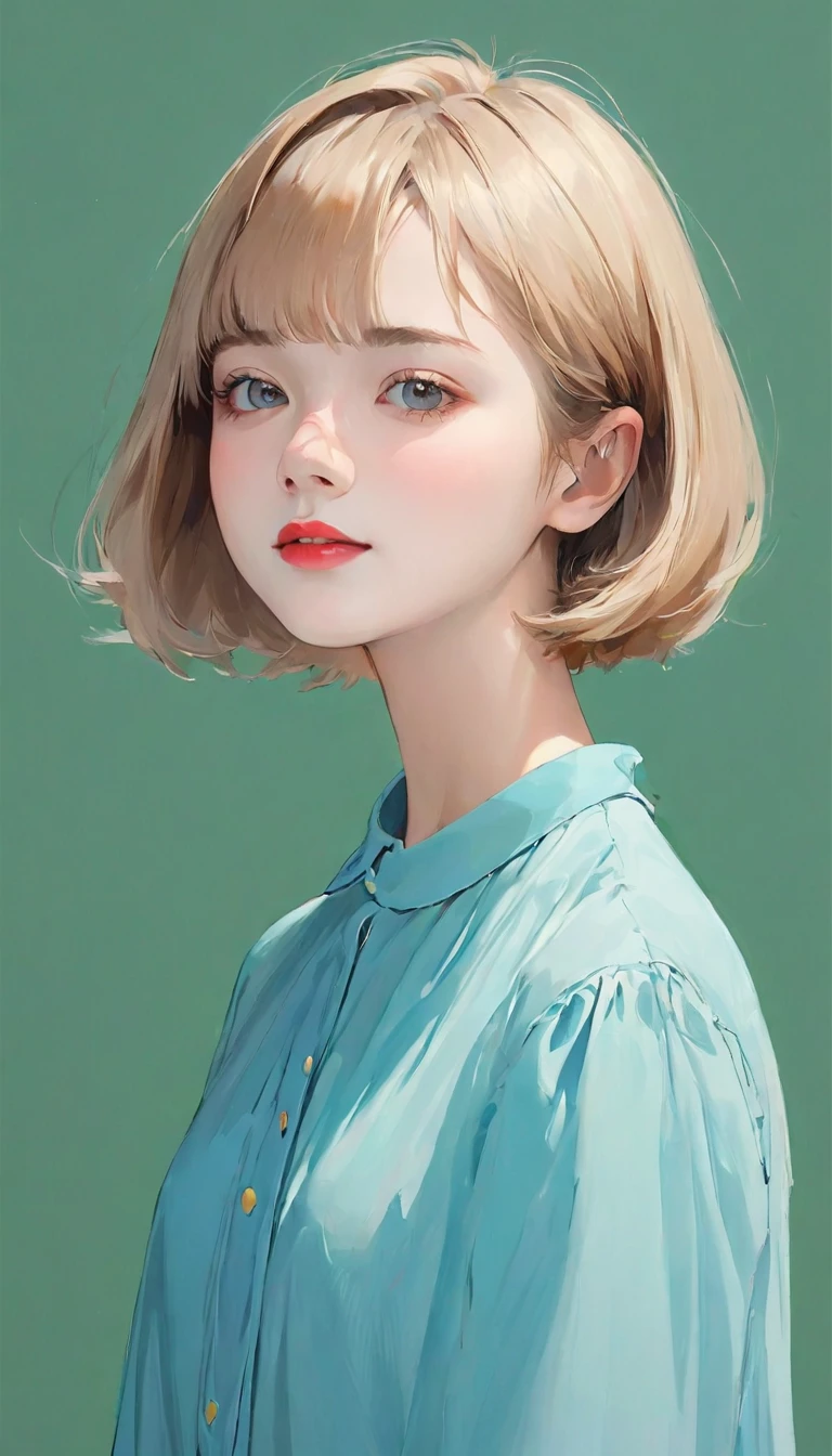 masterpiece, best quality, 1. Miss,  14 years old, pretty girl,((short hair)), Surrealism、Simple background、Solid color background、