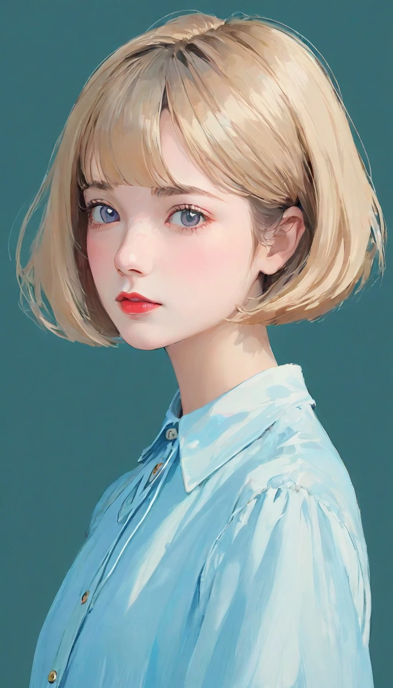 masterpiece, best quality, 1. Miss, , pretty girl,((short hair)), Surrealism、Simple background、Solid color background、