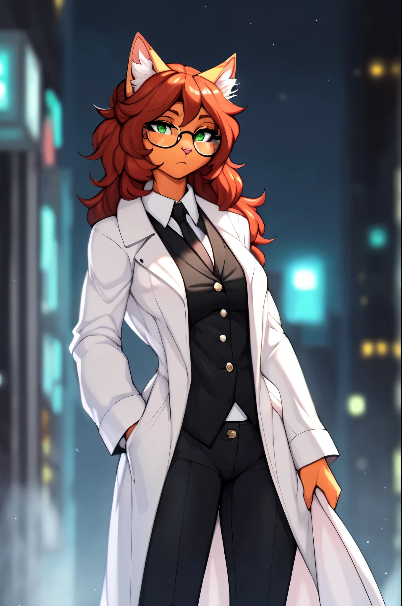 Solo:1.2, by claweddrip, by hyattlen, by jay naylor, an anthro female orange tabby cat, long deep red hair, glasses, green eyes, tabby cat tail, orange cat ears, pink nose, wearing fedora, long trench coat, button up shirt and tie, hands in pockets, dress pants, looking to her side, dramatic pose, standing in a dark foggy city, detailed eyes,