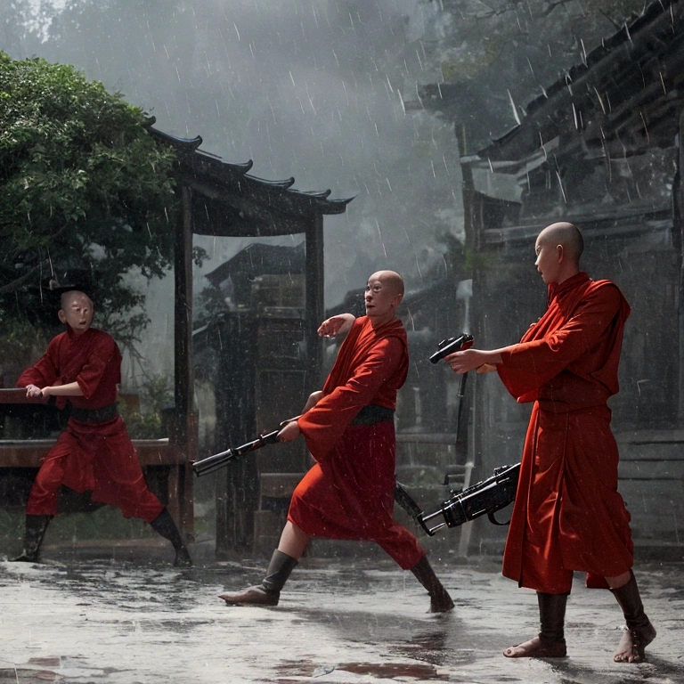Burmese army attacking monks, cinematic, raining