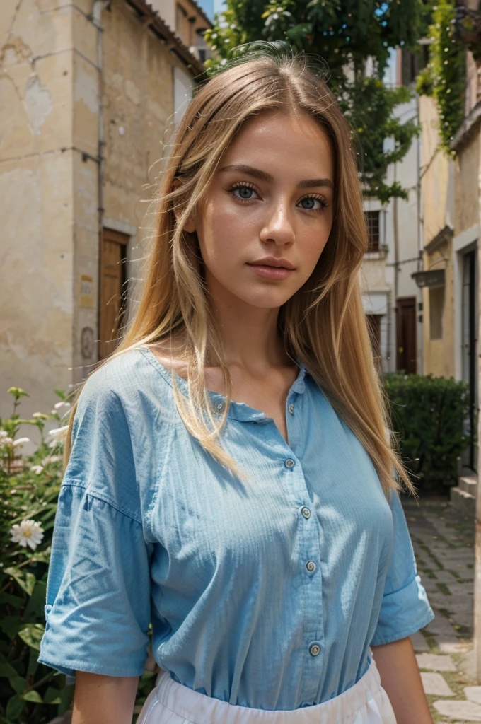1girl, beautiful detailed eyes, beautiful detailed lips, extremely detailed face, long blonde hair, italian origin, influencer, casual clothing, walking down the streets of southern france, (best quality,4k,8k,highres,masterpiece:1.2),ultra-detailed,(realistic,photorealistic,photo-realistic:1.37),vivid colors,natural lighting,summer scenery,cityscape,street fashion, in summer