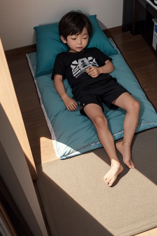  japanese boy ofh brown hair, whole body, fitted black shorts, lying down, downstairs bedroom, whole body, View from above, cell phone in hand, gamer, playing 