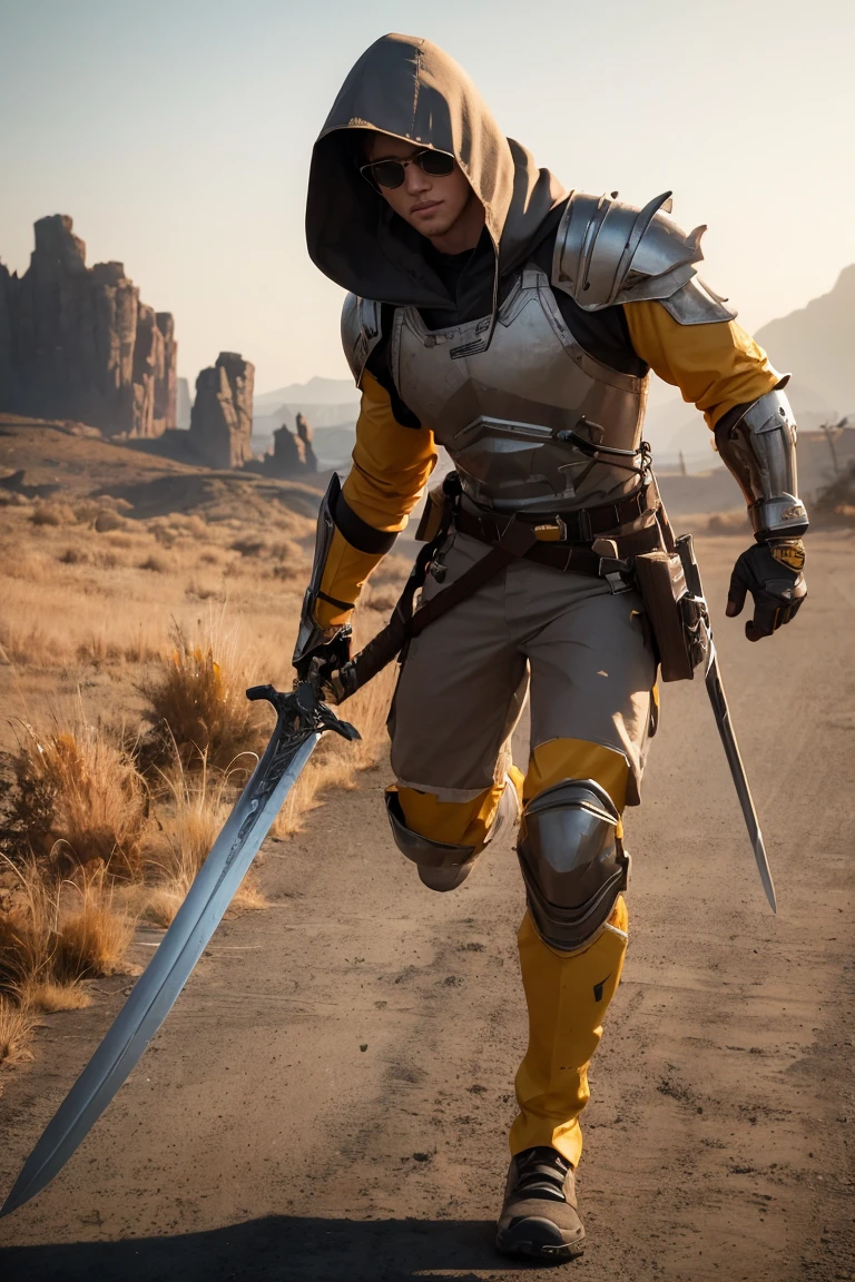 Best quality, masterpiece, 4K, 8K, wallpaper, game CG, concept art, Unreal Engine, 3D style, Octane Rendering, highly detailed CG, featured on ArtStation, character design, 1 boy, cute, Medium-Length Haircuts & Mid Fades hair style, wearing yellow protective hood, male warrior, superhero outfit, happy, running forward, cyberpunk, visor, sensor, sword, barren land, dry ground, dead trees, light cloudy sky, front view, full body, perfect lighting, Beeman character, holding a sword, wearing black glasses