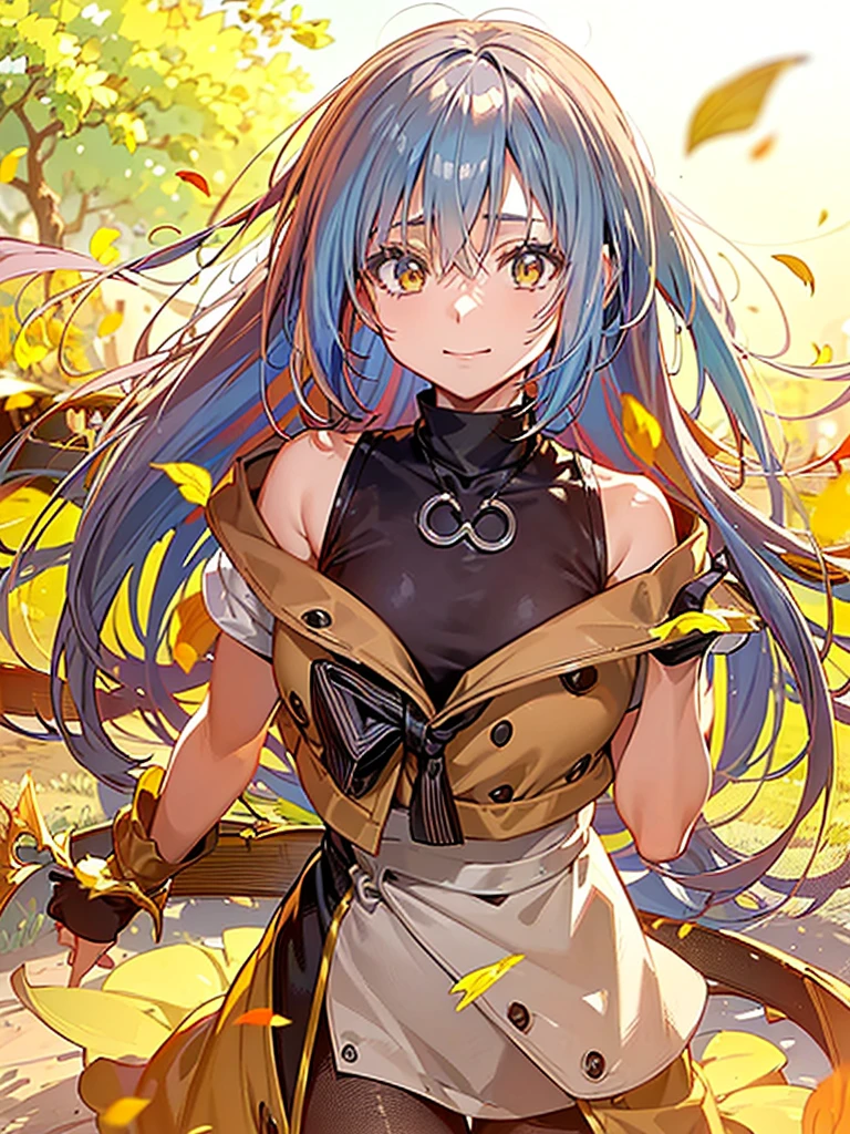 (masterpiece, top quality, best quality, official art, beautiful and aesthetic:1.2), (1girl:1.3), extremely detailed, highest detailed, (dynamic pose), outdoors, outside, streets, full body view, looking at camera, ((that time i got reincarnated as a slime)), ((Rimuru Tempest)), long silver-blue hair, cute and beautiful, medium chest, leaves flying around, anime visual of a cute girl, anime best girl, beautiful anime girl, cute anime girl, pretty anime girl, black turtleneck sleeveless dress, brown trench coat