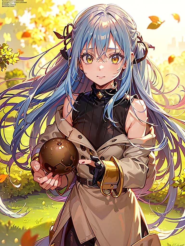 (masterpiece, top quality, best quality, official art, beautiful and aesthetic:1.2), (1girl:1.3), extremely detailed, highest detailed, (dynamic pose), outdoors, outside, streets, full body view, looking at camera, ((that time i got reincarnated as a slime)), ((Rimuru Tempest)), long silver-blue hair, cute and beautiful, medium chest, leaves flying around, anime visual of a cute girl, anime best girl, beautiful anime girl, cute anime girl, pretty anime girl, black turtleneck sleeveless dress, brown trench coat