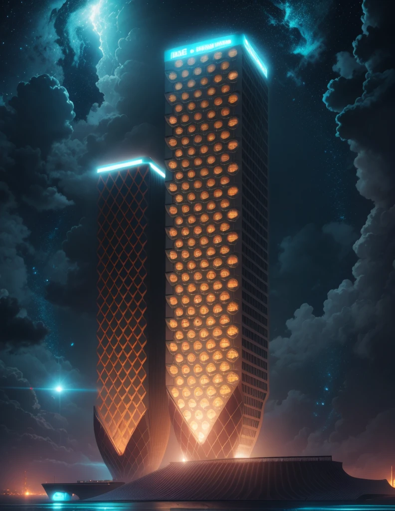 A super technological city with tall buildings, debaixo d'agua, Buildings illuminated with colored lights, fundo escuro, Civilization underwater view from on high, Ultra realista, Muitos detalhes