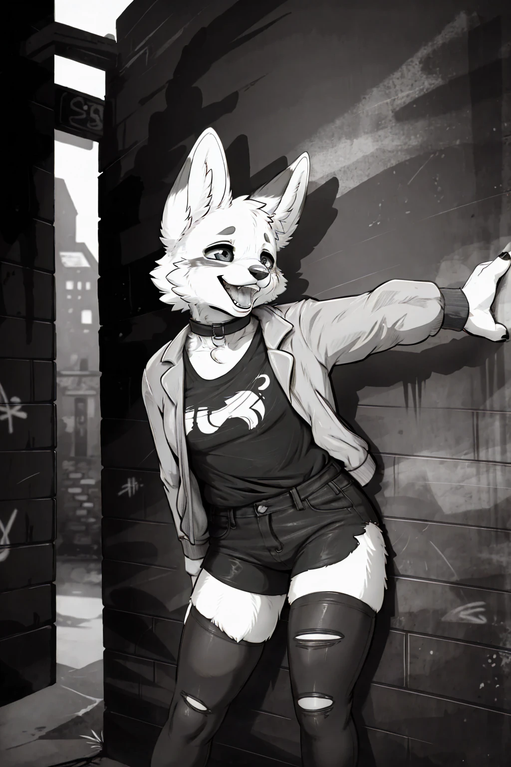 cover page, highres, top quality, best quality, paid reward available, unparalleled masterpiece, perfect artwork, absurdres, High-quality illustrations, laughing, perfect anatomy, lineart, monochrome, 1girl, kemono, furry, anthro, choker, shirt, torn legwear, open jacket, against wall, brick wall, graffiti, dim lighting, alley, dynamic angle,