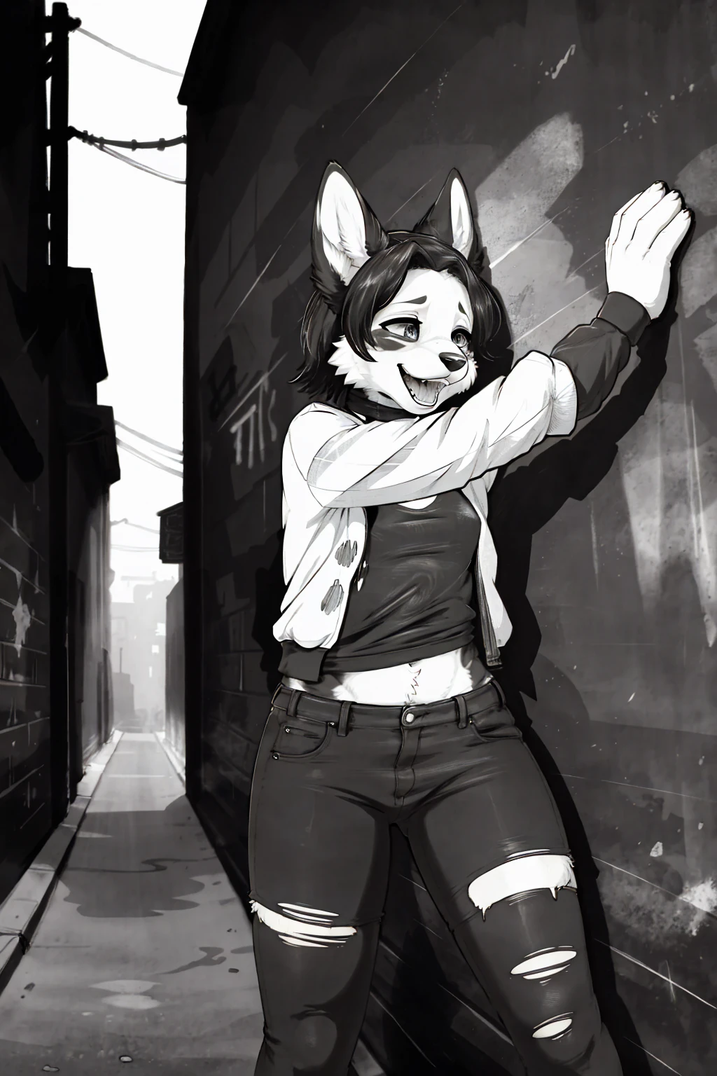 cover page, highres, top quality, best quality, paid reward available, unparalleled masterpiece, perfect artwork, absurdres, High-quality illustrations, laughing, perfect anatomy, lineart, monochrome, 1girl, kemono, furry, anthro, choker, shirt, torn legwear, open jacket, against wall, brick wall, graffiti, dim lighting, alley, dynamic angle,