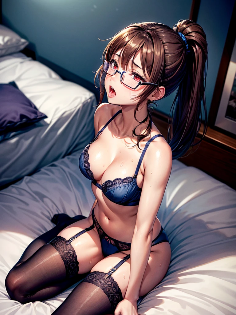 Highest quality,Highest Resolution,A beautiful girl with a tearful face,Full body close-up,look up,looking at the camera,Red eyes,ponytail,Brown Hair,Navy blue bra,Navy blue underwear,High leg,Dark blue garter belt,Dark blue knee-high stockings,Dark bedroom at night,Purple bedding,Sweating profusely,Open your mouth and let out a lot of saliva,Tears,Sleep in bed,Glasses,