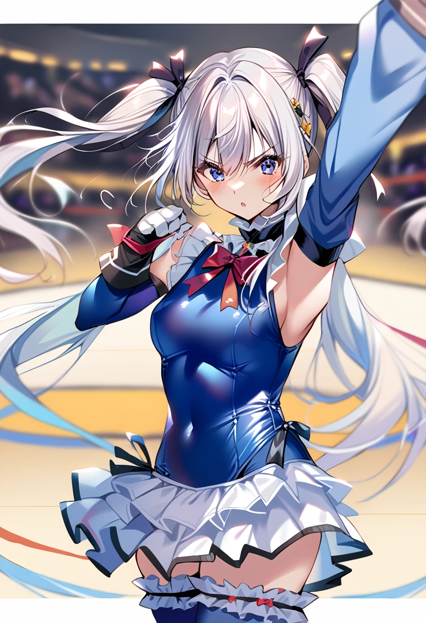 1girl,fight pose, doaMarie, blonde hair, twintails, hair ornament, hair ribbon, frilled choker, red bowtie, blue one-piece swimsuit, frilled swimsuit, blue sleeves, detached sleeves, gloves, blue thighhighs, frilled thighhighs, standing,(Silver Hair:1.4),Very long hair,(Arena:1.4), 