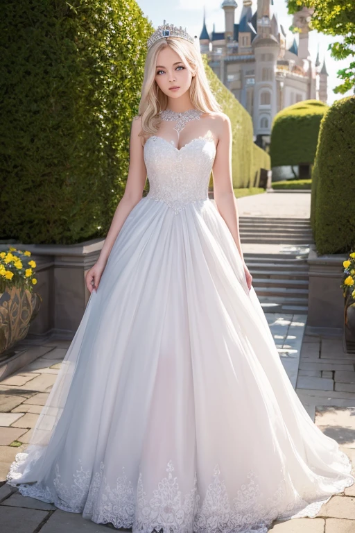 masterpiece, highres, high detailed,  intricate details, depth of field, 1 girl, queen, royal crown, Coronation Gown, queen dress, Evening Gown, outdoor background. The background is a luxurious castle, mildly clouds, best sunlight. There are 2 long flower beds besides the path, queen is standing on the path. Her face is gorgeous, beautiful, confident. She wears a lot of luxury jelweries. She has blue eyes, platinum blonde long shining hair. Behind her is the castle.