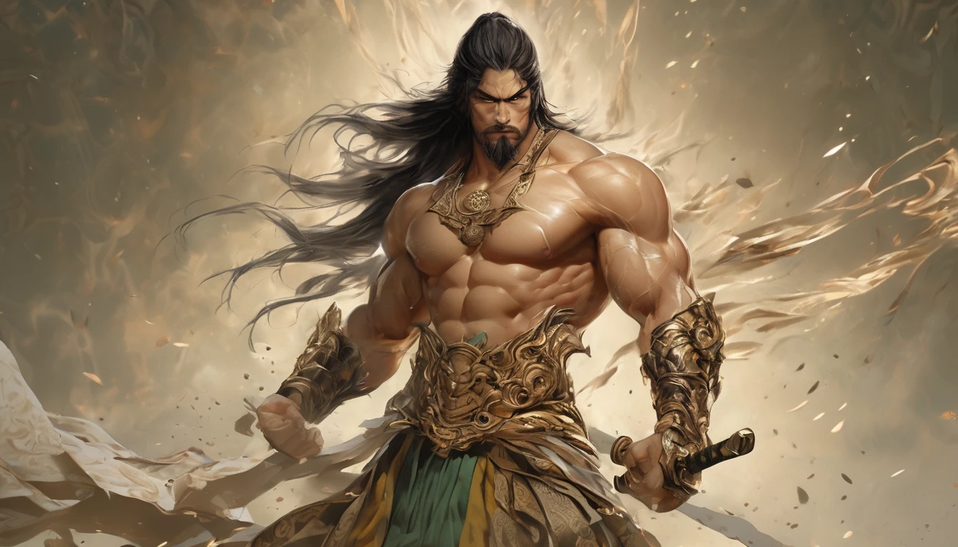Line art drawing comic a perfect handsome male, Clear Face, Man in his 40s,muscle, Ancient Chinese armor,Topless, Black Hair, Long Beard, (whole body), Fine grain, Detailed face,Perfect hand-crafted detail,Big Sword,anger,scar,
cast (unfathomable,Bamboo Flooring,Fire Glass Panel Brownian Motion,Diagonal lines,Zenith angle,Dust storm,Superfluid,ball,oval ,Flowing magic:1.0)| Shogun, (Vibrant,Illuminate,Enthusiast,cycle,Emerald green,Chrome Yellow Arcanum,Dazzling,shine ,liquid crystal,Space dust,Teleport,The Magic of Dashed Lines:1.0) Purification spell, Trace the symbol on the parchment with a quill, Precisely craft a spell, Astral Sparkle, Simple Positive XLv1, Ultra-high resolution, wallpaper, 8K,Richly textured details, Elevation, A magnificent composition, . graphic illustration, Comic art, graphic novel art, Vibrant, Very detailed . Professional, Sophisticated, Modern, Minimalist, graphic, Line art, vector graphics