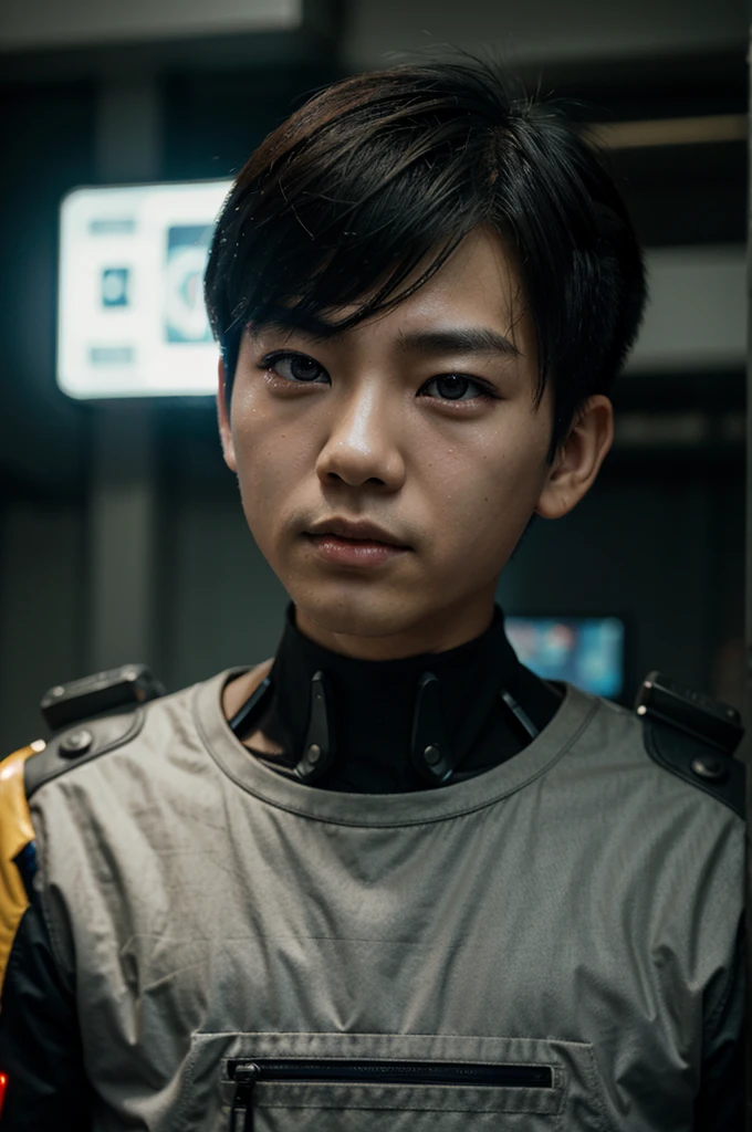 Asian boy, sleepy eyes, Cyberpunk style, with cybernetic left eye, short hair, dull face, thin.