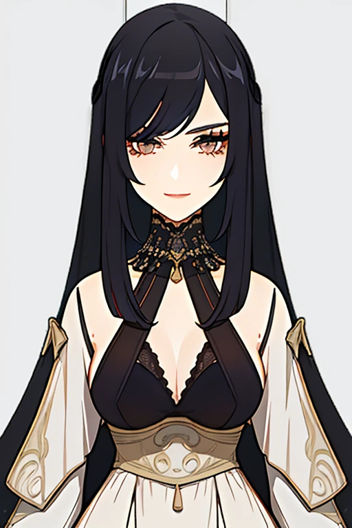 A woman with beautiful detailed eyes, beautiful detailed lips, extremely detailed eye and face, long eyelashes, long black hair, eyes browns, narrow waisted, Breast Broad Hips, sharp eyelashes, solo portrait, voluptuous, europeu, long bangs, perfect waist, beautiful hips, seducing smile, parted lips, standing, illustration, (best qualityer,4K,8K,high resolution,work of art:1.2),ultra detali,(realisitic,photorealisitic,photo-realisitic:1.37),hdr,artwork,bare white background