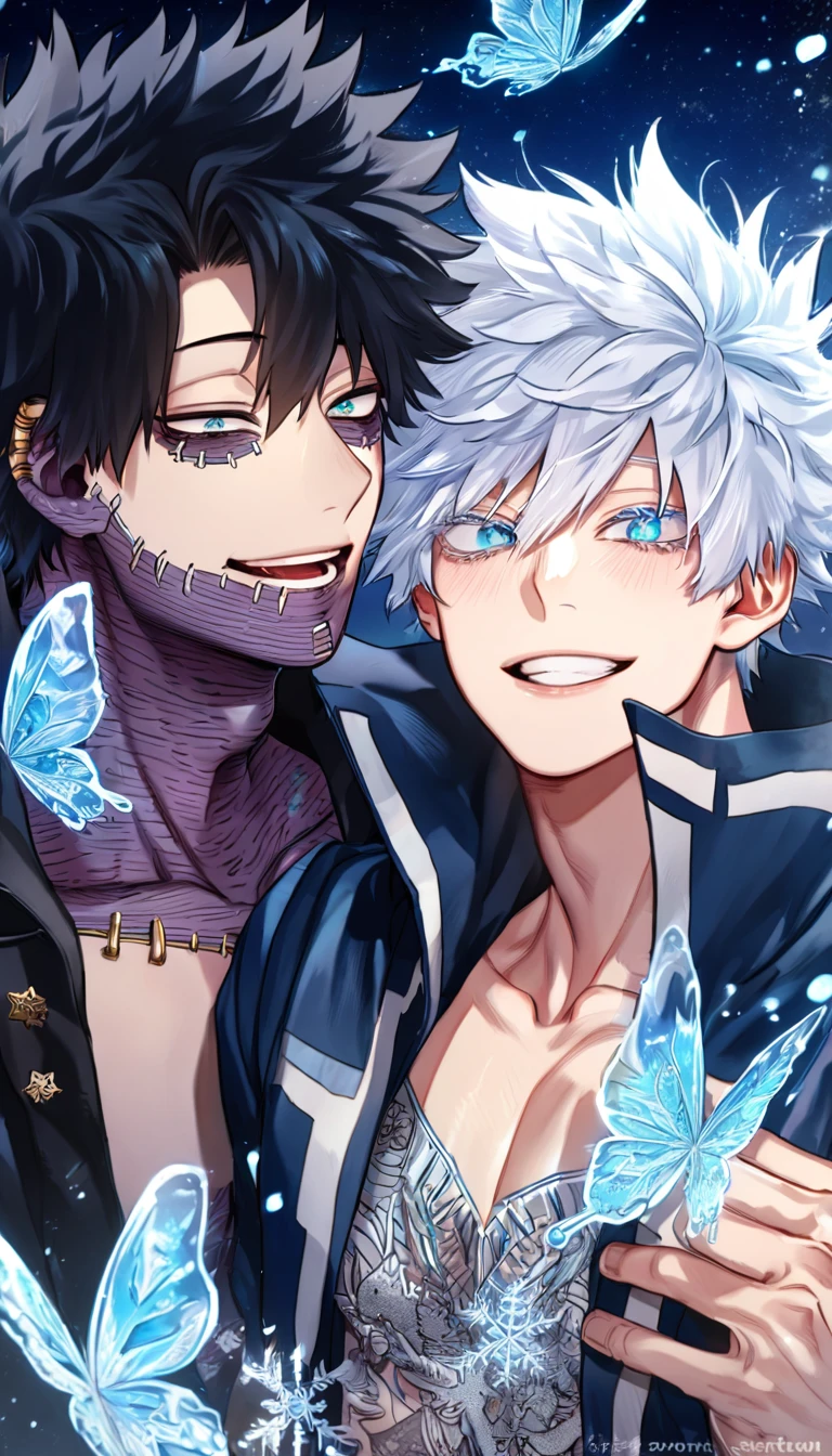 absurdres, highres, ultra detailed, HDR, master piece, best quality, extremely detailed face, delicated features, Dabi, black hair, expressive turquoise eyes, Boku No Hero Academia, Gojou Satoru, white hair, expressive blue eyes, white eyelashes, two sexy men together, yaoi, gay couple, handsome, smiling, blue jacket with fur, black coat, fantasy, magical, ice, blue fire, ice butterflies, snowflakes, starry night