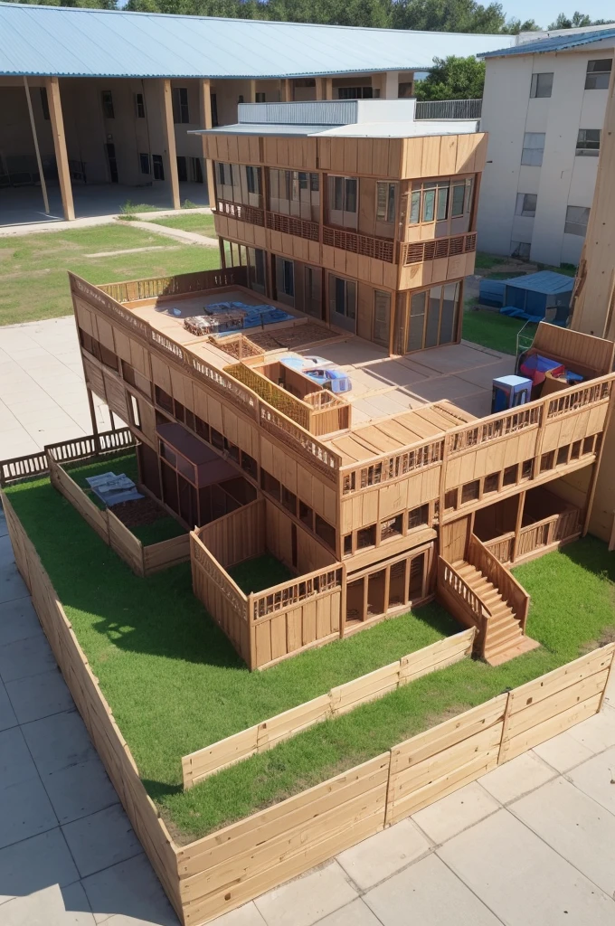 Create an image of a school model as if a student had made it with recyclable materials such as popsicle sticks, etc. from the city of Jinhua