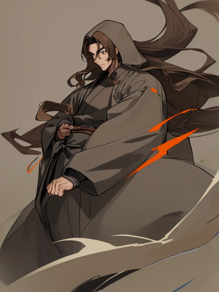 young guy, long brown hair. Dressed in big and gray ninja clothes. 