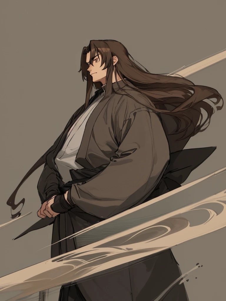 young guy, long brown hair. Dressed in big and gray ninja clothes.